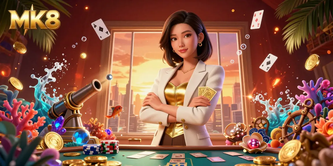 Win big at MK8 with a glamorous Asian businesswoman holding golden poker cards in a vibrant casino scene.