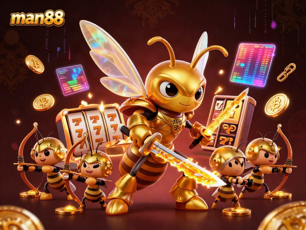 Experience the dynamic energy of man88 casino with a golden hornet samurai amid vibrant game elements.