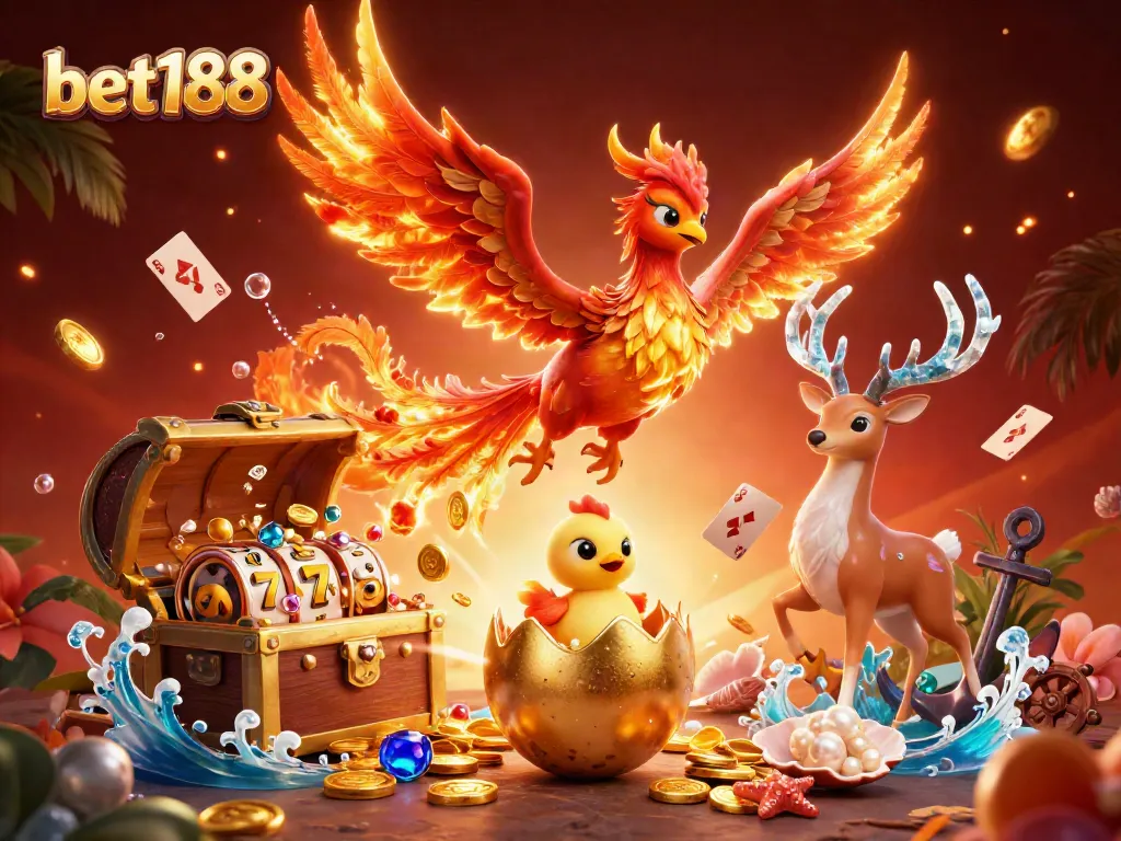 Experience the thrill with bet188, showcasing a vibrant phoenix, golden treasures, and casino elements.