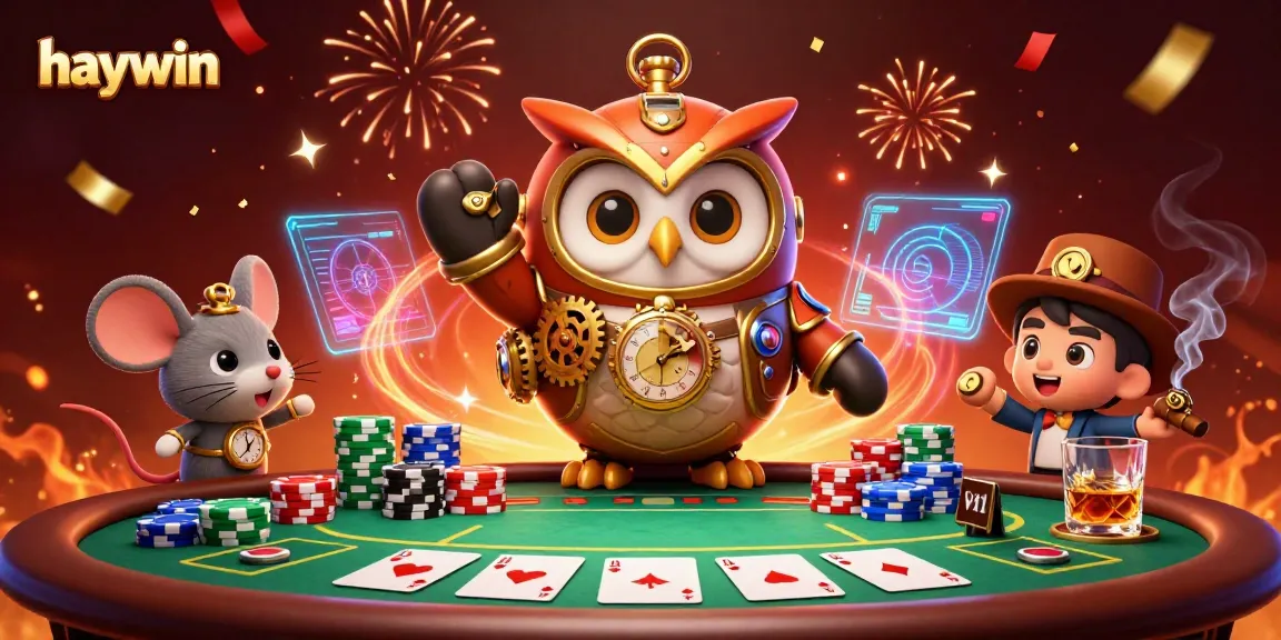 Engage in the thrill of haywin gaming with a steampunk owl and poker excitement.