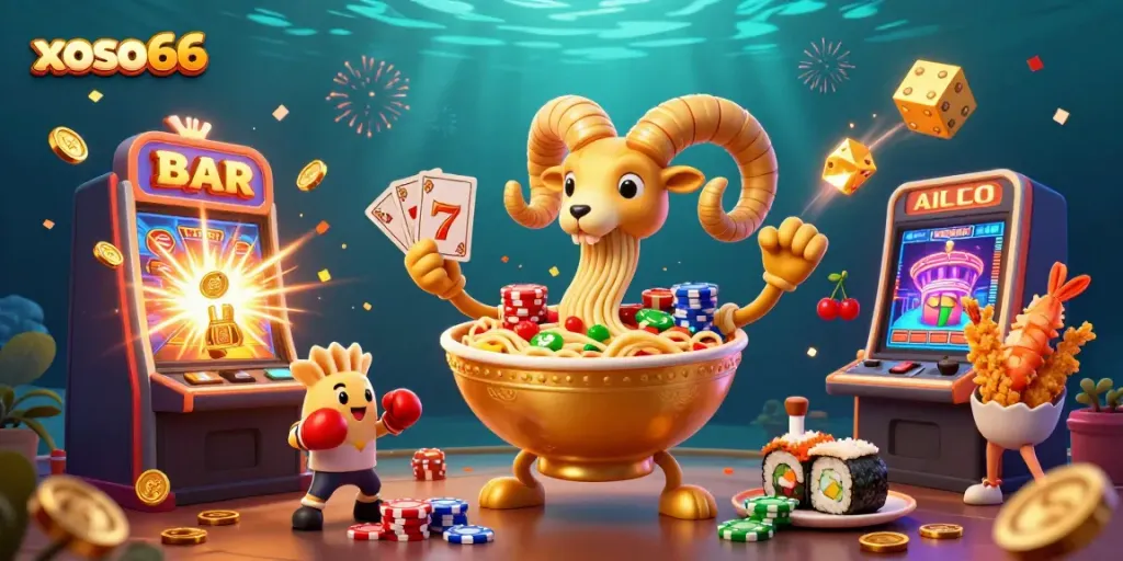 Engage in the thrilling xoso66 online casino with vibrant 3D illustration of a dynamic game scene.
