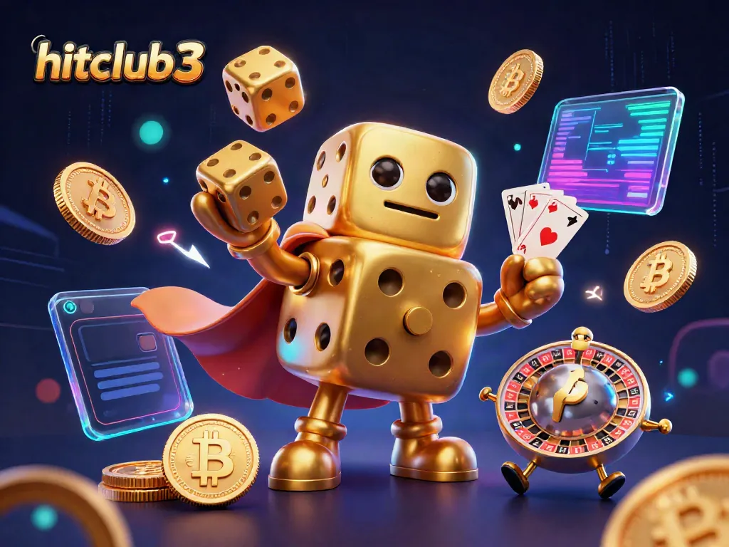 Engage with hitclubt3's vibrant 3D casino world, showcasing dynamic golden dice golem and crypto-themed elements.
