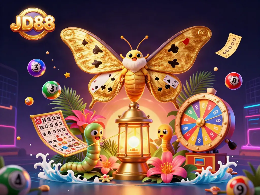 Experience the excitement of JD88 with animated lottery and casino elements in a vibrant digital illustration.