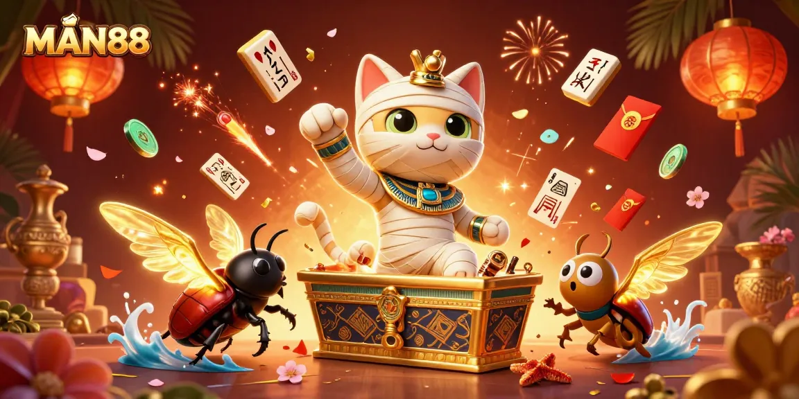 Experience the excitement of MAN88 with a dynamic casino scene featuring a mummy cat.