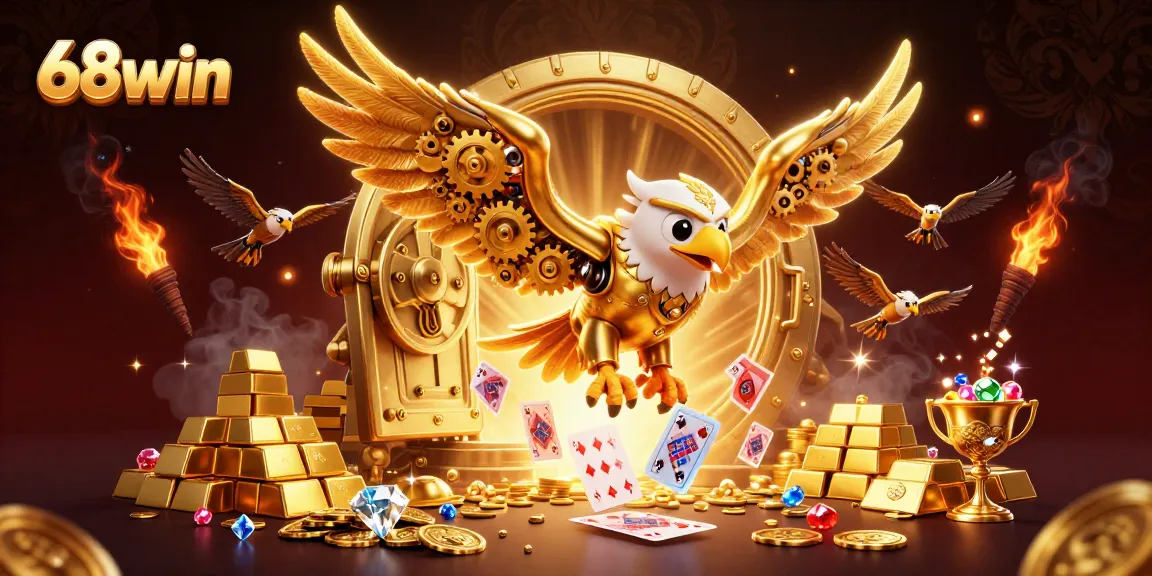 Experience thrilling gameplay at 68win with the cybernetic eagle amid gold treasures and casino wonders.