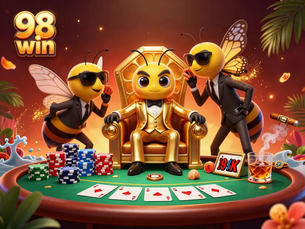 Engage with the 98 win casino mob scene, showing a bumblebee boss and wasp guards around rich poker elements.