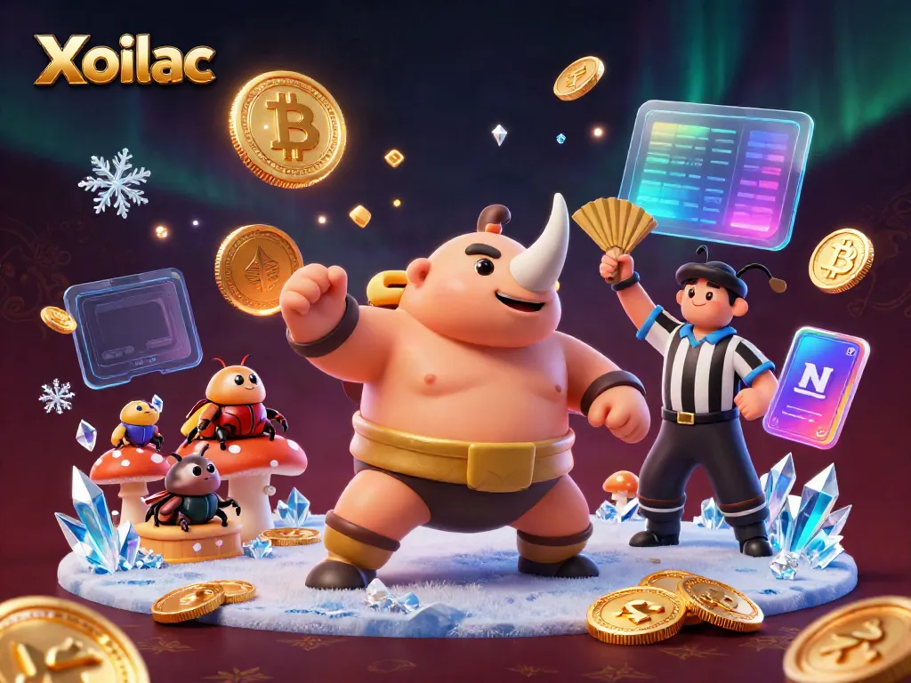 Xoilac features an epic sumo beetle stomp, surrounded by dynamic gambling elements and neon crypto coins.