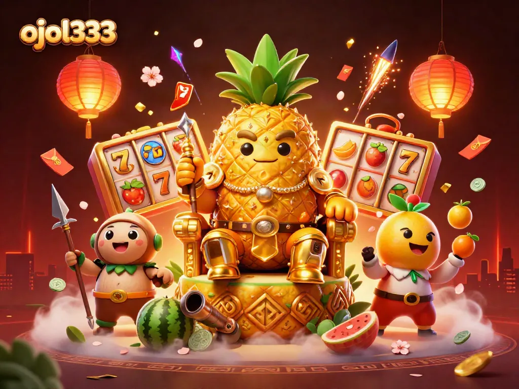Experience the vibrant casino scene with ojol333's exciting gaming characters amidst swirling slot reels.