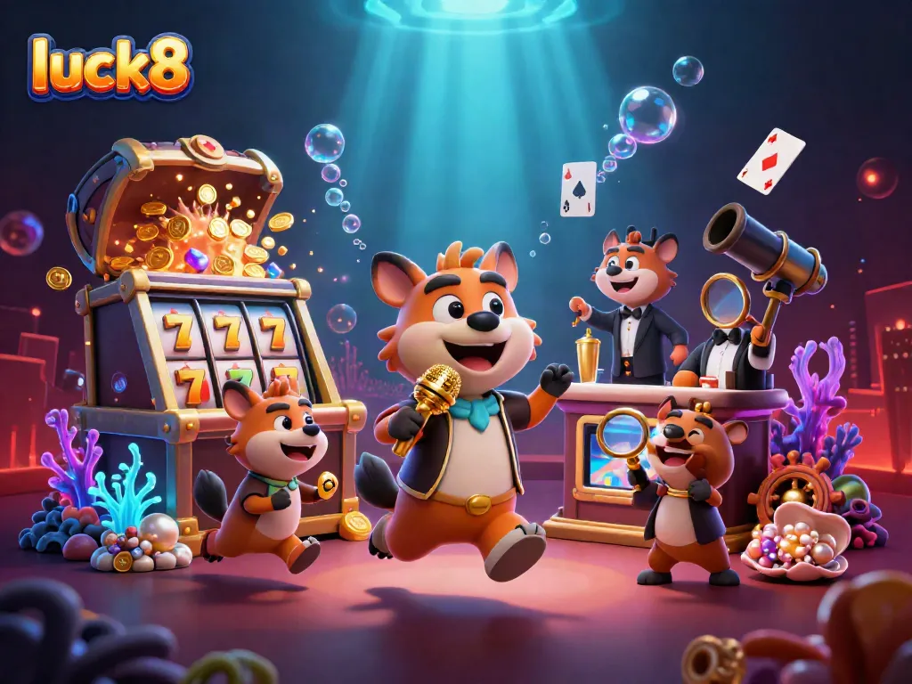 Experience the thrill of winning at luck8 with an exciting cartoon casino scene featuring hyenas in a comedy club.