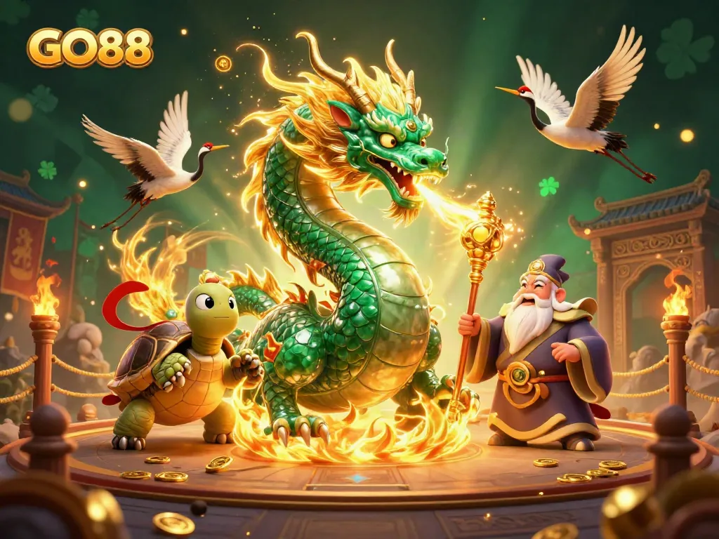 Experience top-tier gaming action with GO88, featuring a vibrant dragon and immersive casino elements.