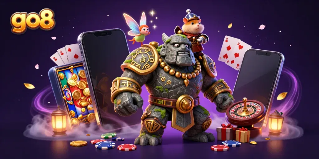 Engage in the excitement of slot gaming with go8’s magical 3D scene featuring a golem, fairy, and hamster knight.
