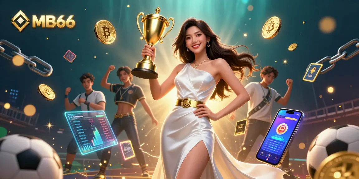 Engage with MB66's thrilling sports betting atmosphere, celebrating wins with a golden trophy.