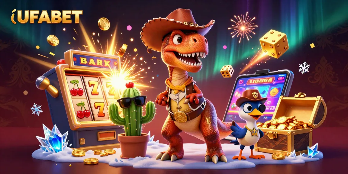 Spin the UFABET jackpot with cartoon characters celebrating around a slot machine explosion!