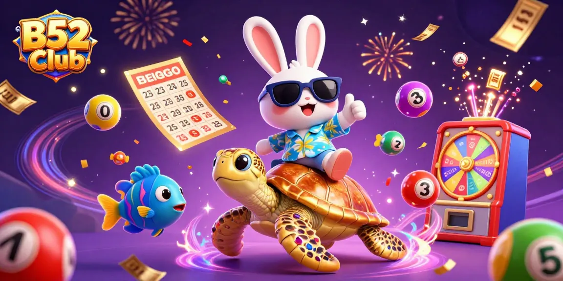 Experience the excitement of B52 Club with a lucky rabbit and golden turtle gambling in a vibrant scene filled with lottery elements.