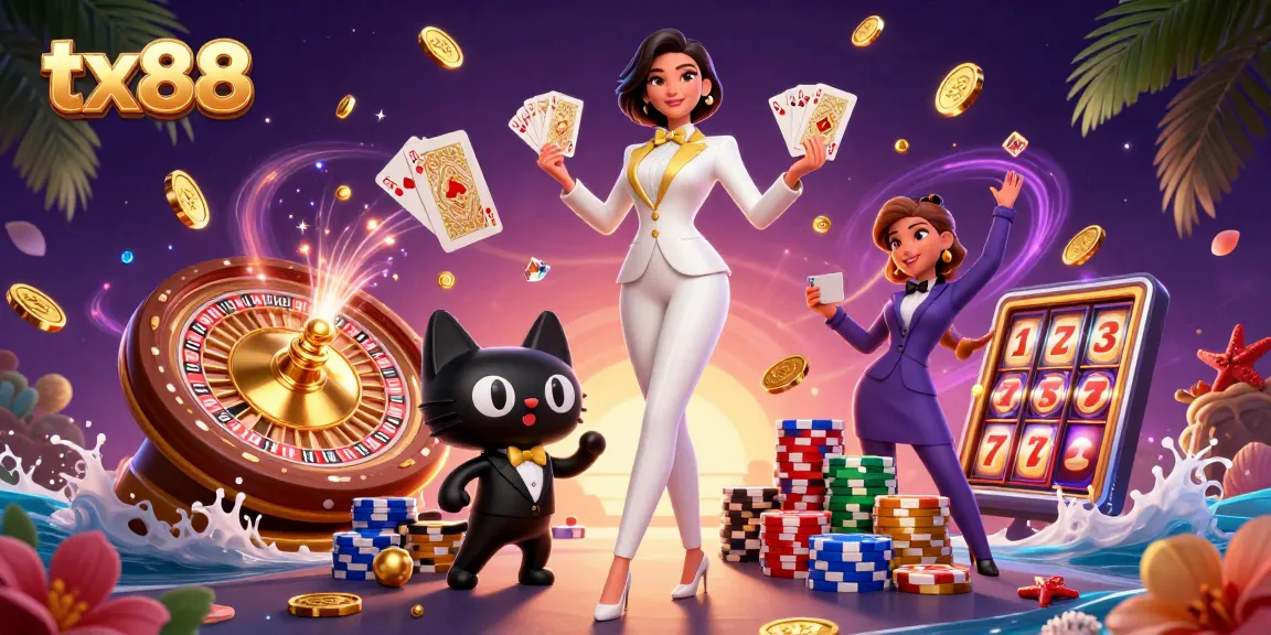 Experience the thrill of tx88 with a glamorous casino scene featuring dynamic card shuffling and vibrant winnings.