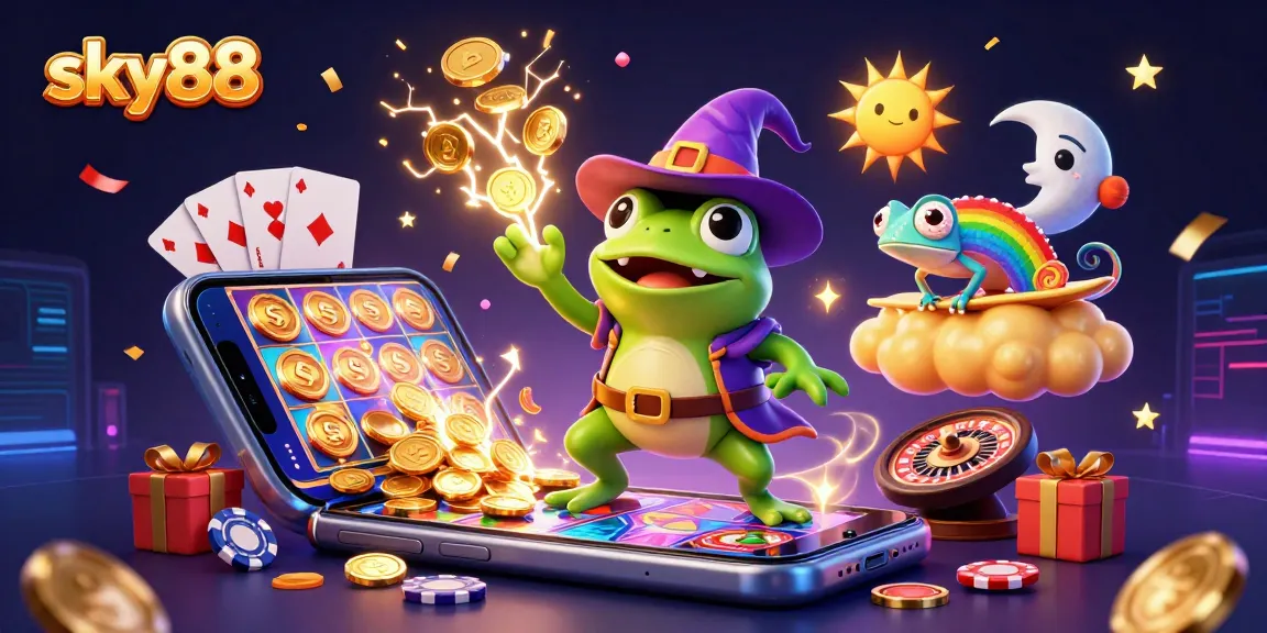 Join the excitement at sky88 as characters celebrate with golden coins, vibrant games, and dynamic visuals.