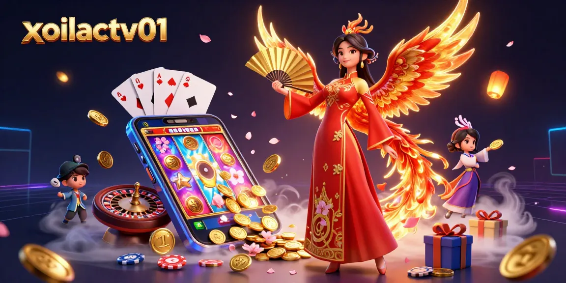 Xoilactv01 captures the excitement of gambling with a striking illustration of vibrant slots and poker elements.