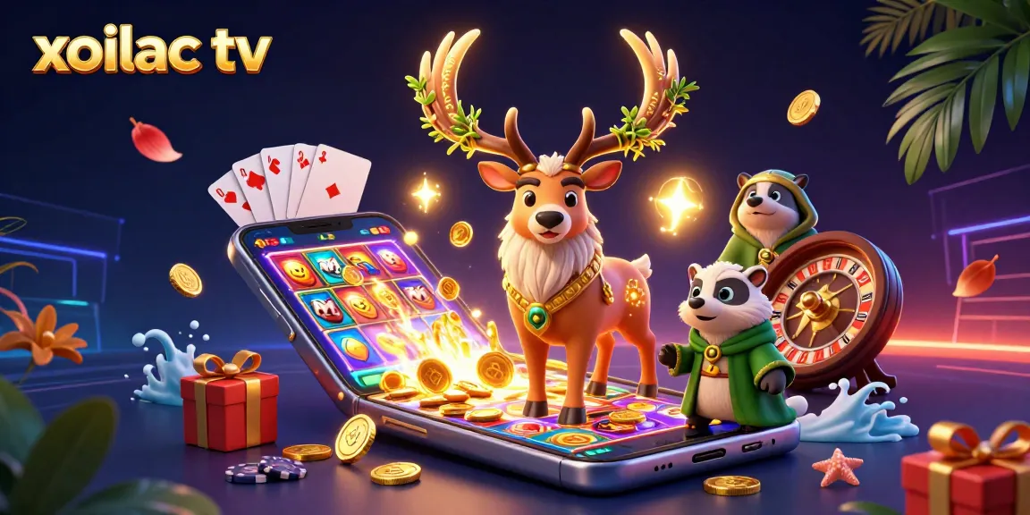 Watch exciting matches and spins with xoilac tv in a vibrant 3D illustration filled with gaming elements.