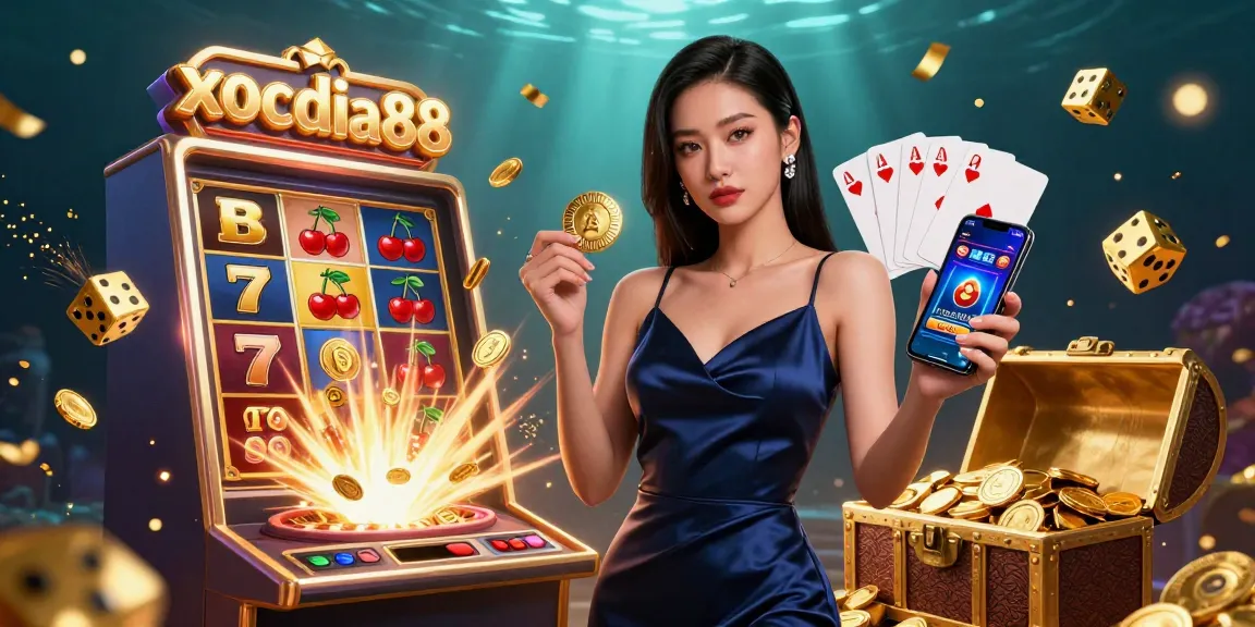 Xocdia88 showcases an elegant Asian woman holding a chip and phone in a vivid casino scene with vibrant games and a jackpot burst.