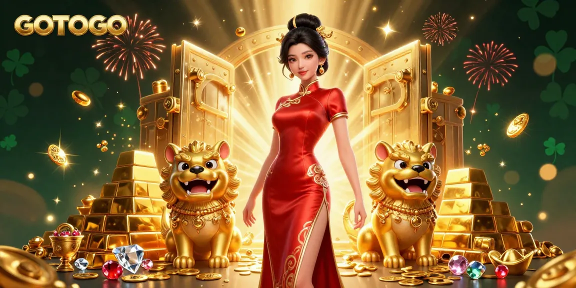 Rasakan kegembiraan harta karun kasino GOTOTO dengan ilustrasi cerah emas dan permata.