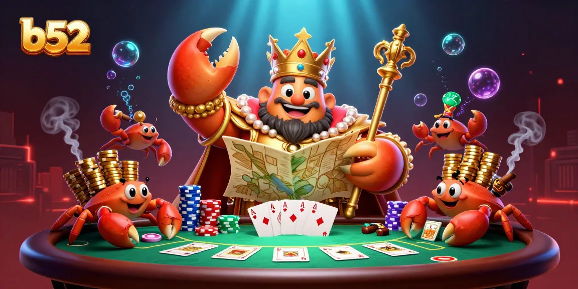 Experience the thrill of b52 casino games with a vibrant illustration of a crab emperor at the poker table.