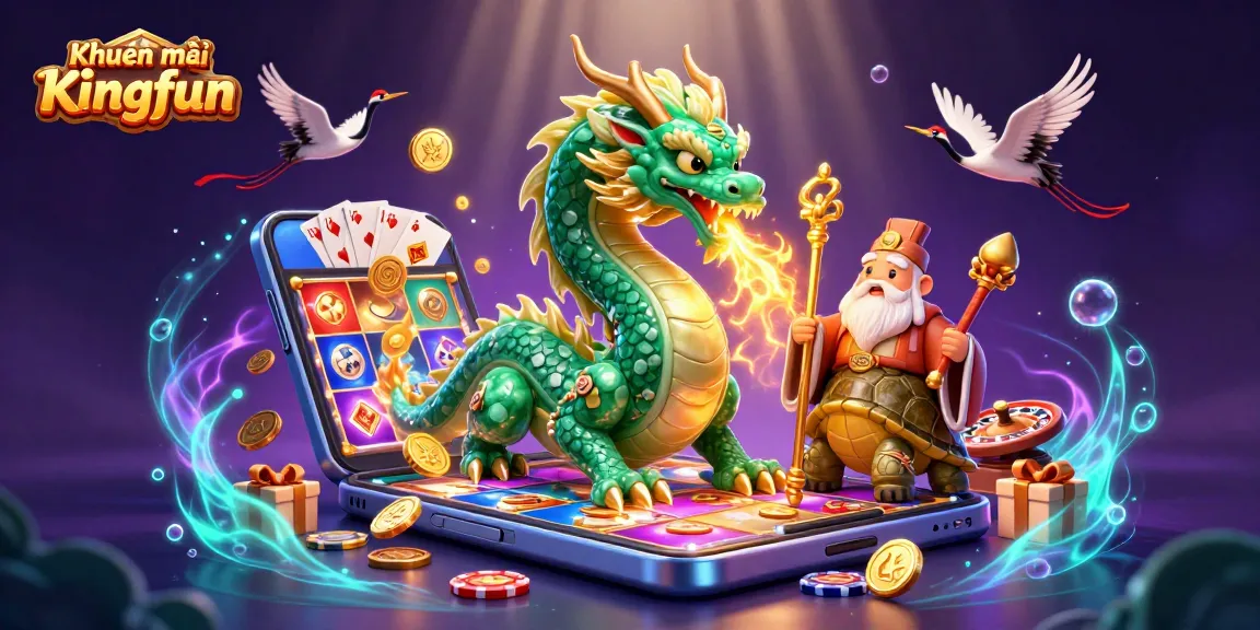 Experience Khuyến mãi Kingfun with a vivid 3D illustration of gaming elements and dynamic characters.