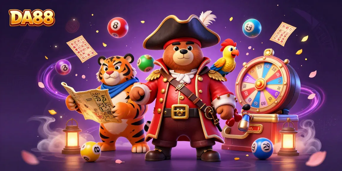 DA88 pirate-themed casino illustration with dynamic lottery elements and vibrant characters