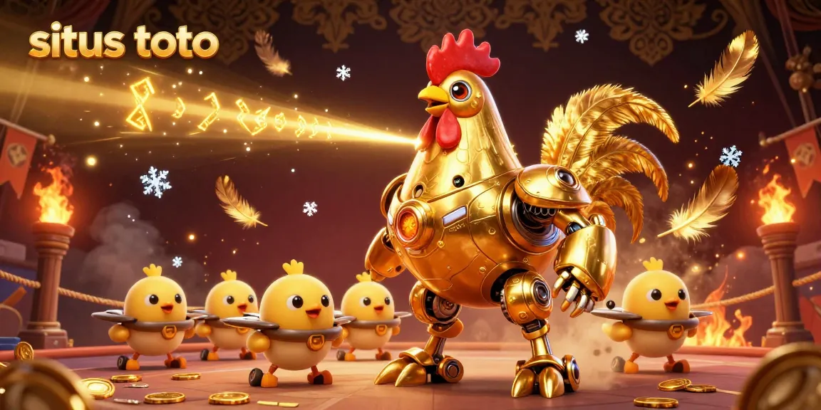 Experience the excitement of situs toto with the golden rooster robot amid dynamic casino elements.
