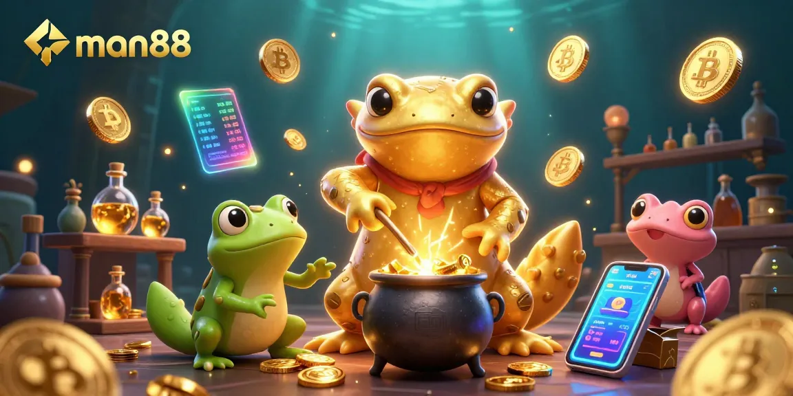 Experience thrilling gaming at man88 with a vibrant illustration of gold-transmuting characters in a dynamic casino setting.