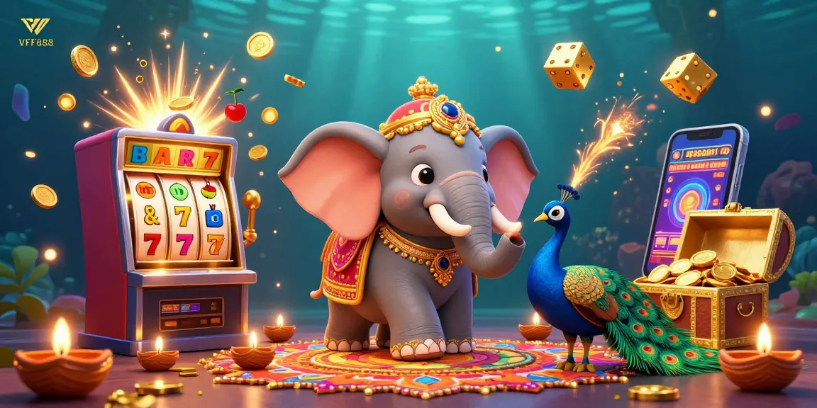Experience the vibrant excitement of VFF888 with a lively 3D casino illustration showcasing an elephant and peacock amidst jackpot moments.