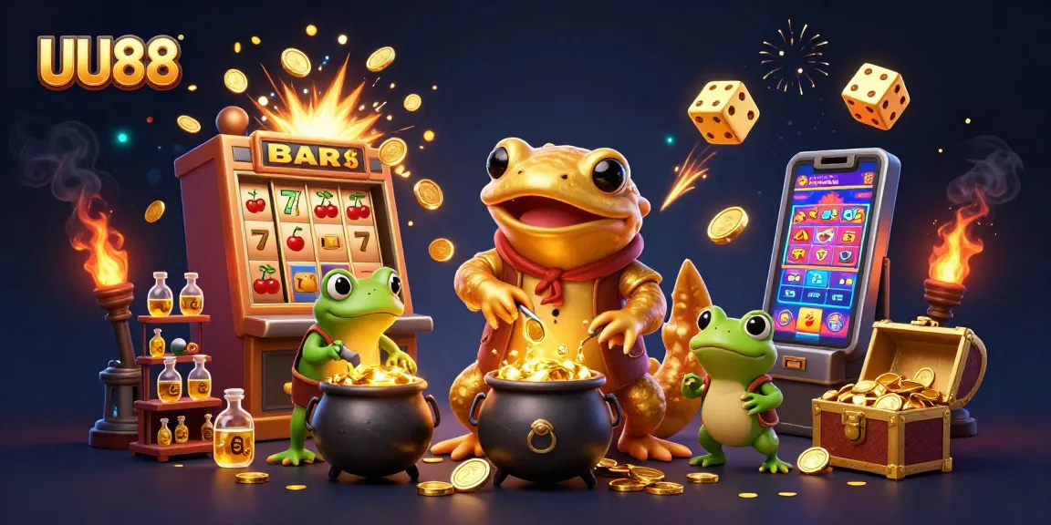 Spin the reels at UU88 with vibrant golden alchemy in a magical casino setting.