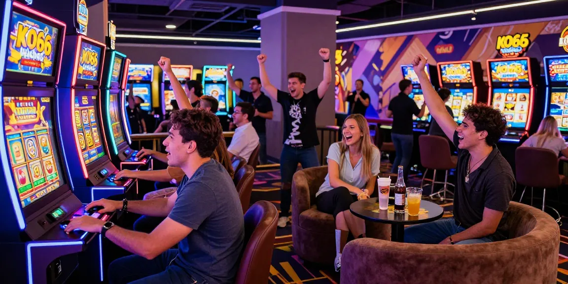 Excited friends playing a digital slot machine at KO66 Casino.