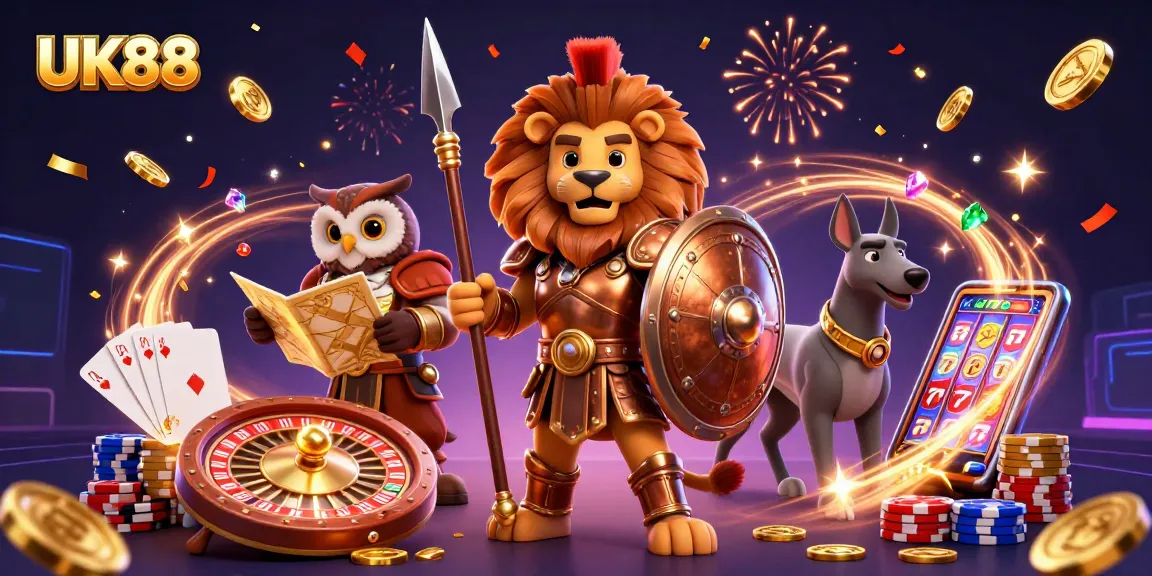 Experience thrilling wins at UK88 with a dynamic 3D illustration featuring casino fun.