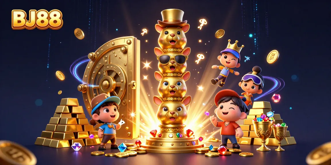 BJ88 showcases a vibrant 3D illustration of a golden totem pole centerpiece immersed in a thrilling casino atmosphere.