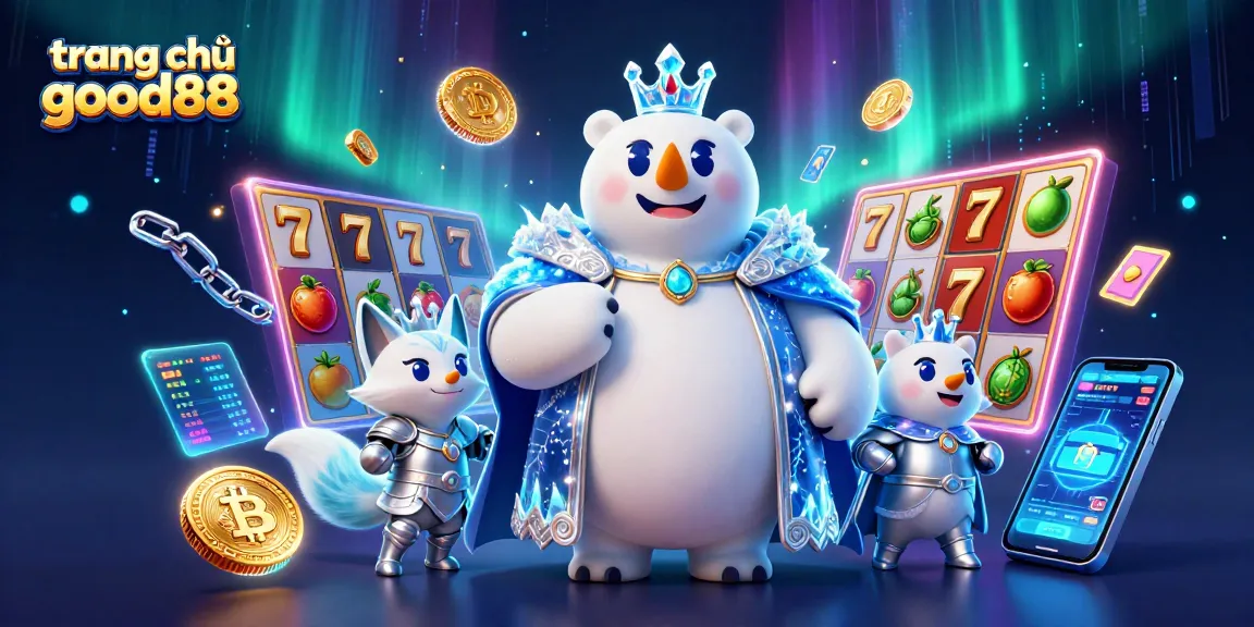 Experience the excitement of trang chủ good88 with vibrant slot reels and energetic characters in a dynamic casino scene.