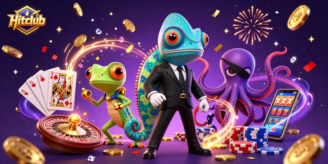Engage with Hitclub's thrilling games as colorful characters celebrate wins amidst cascading coins and gems.