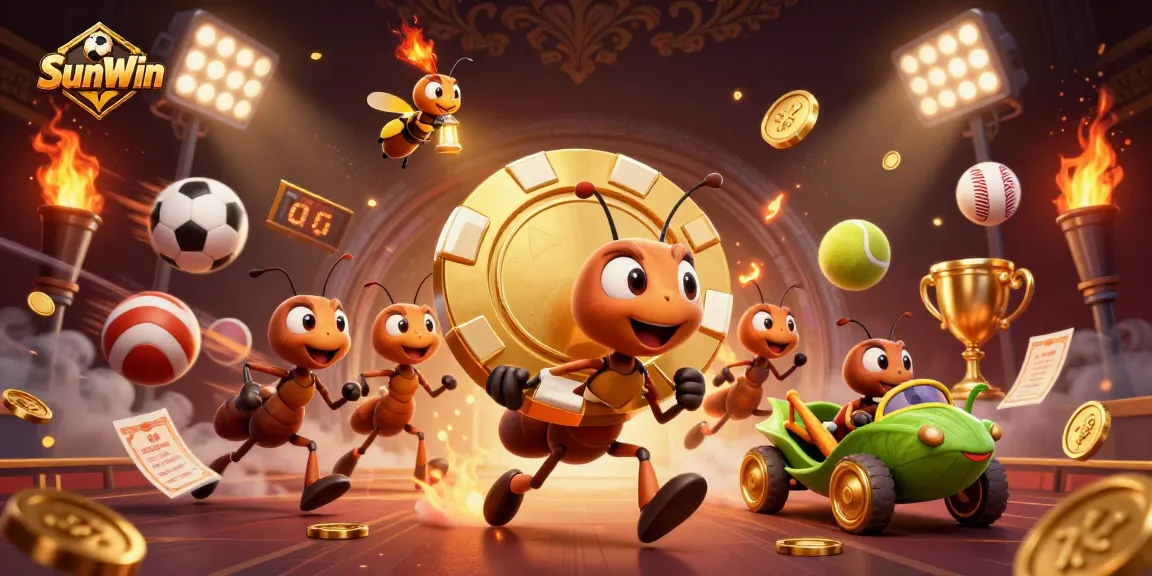 SunWin offers a thrilling gaming experience featuring ants on a heist with poker chips amidst dynamic casino elements.