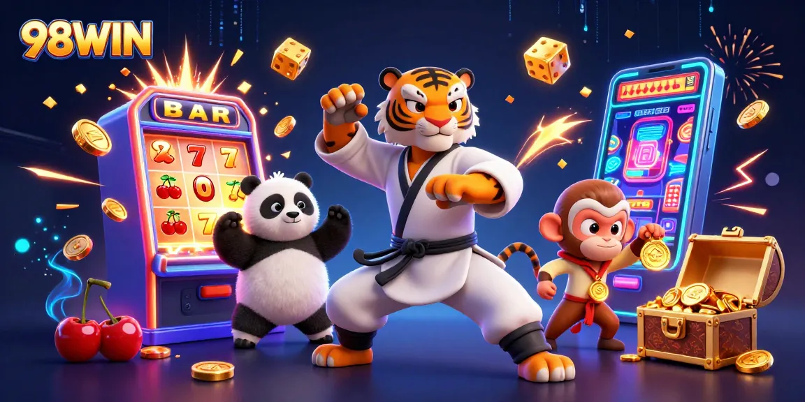 Experience winning thrills at 98WIN with a vibrant 3D casino scene bursting with excitement
