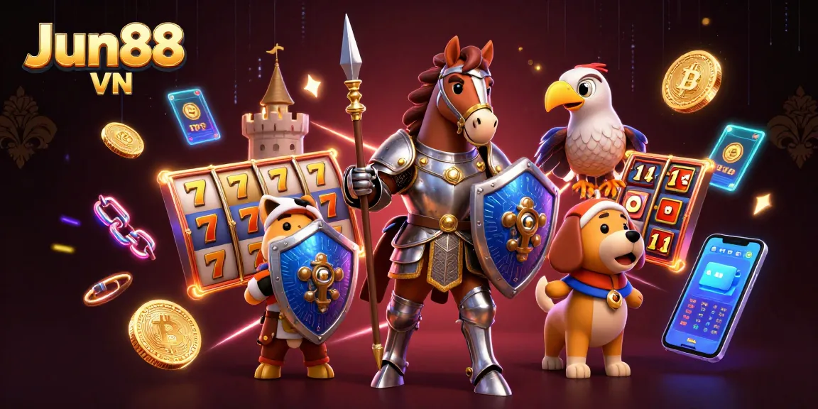 Experience excitement with Jun88 VN featuring a knight, puppy, and falcon in a dynamic gaming scene.