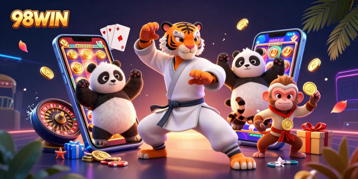 Experience the thrill of betting at 98WIN with vibrant characters and dynamic casino elements.