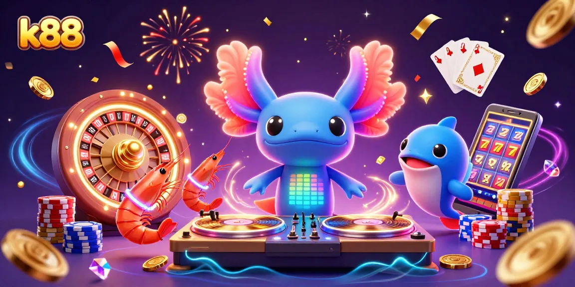 Experience exciting gaming at k88 with vibrant 3D characters celebrating casino wins.