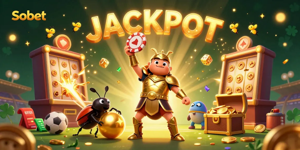 Sbobet sports betting options illustrated with a victorious hercules beetle surrounded by jackpot elements.