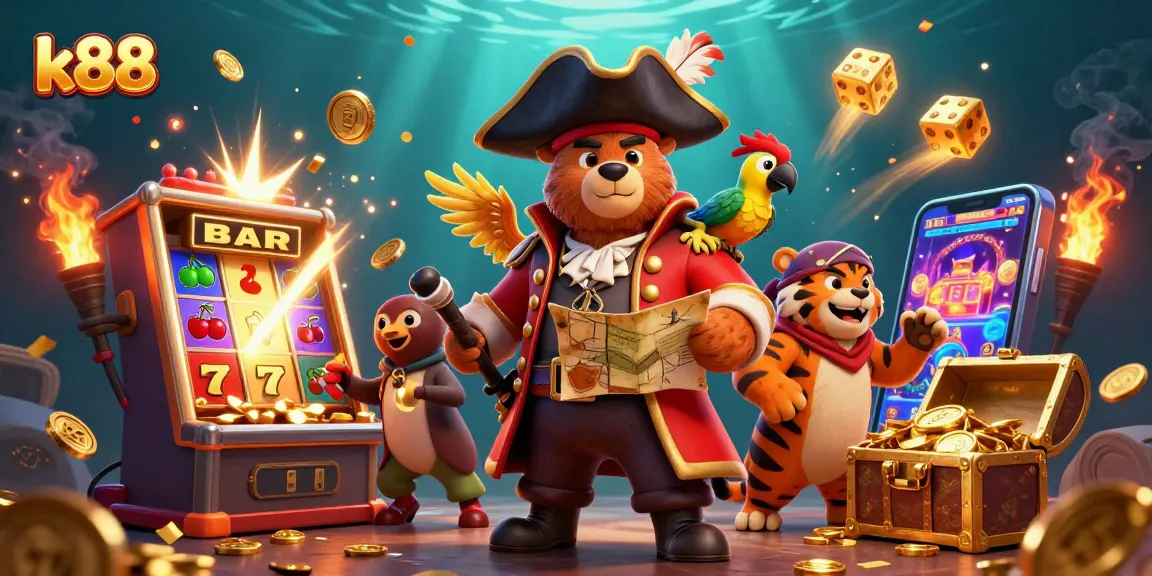 Engage with k88's thrilling casino action amidst cartoon pirates and vibrant game elements.