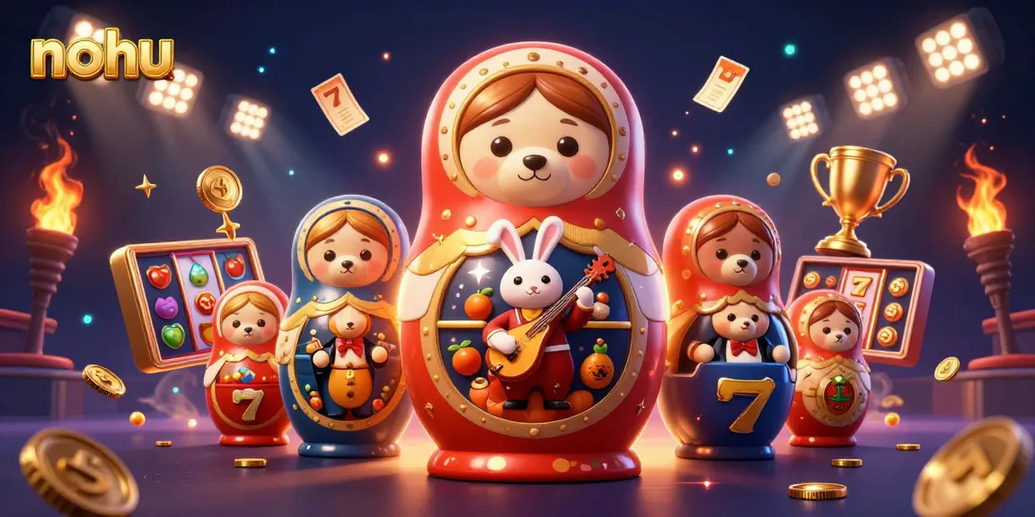Nohu showcases a vibrant 3D casino scene with Matryoshka bears and slot game elements, creating a lively gambling atmosphere.