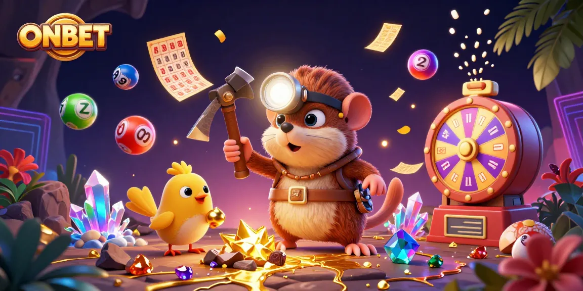Engage in exciting gaming adventures with ONBET, featuring dynamic lottery balls, a treasure-hunting mole, and animated prizes.