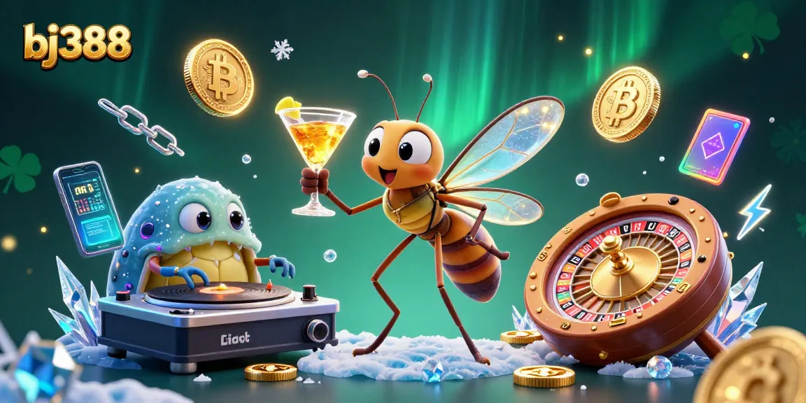 Engage with bj388 at a vibrant online casino, where a frozen mosquito mascot mixes cocktails amidst crypto elements.