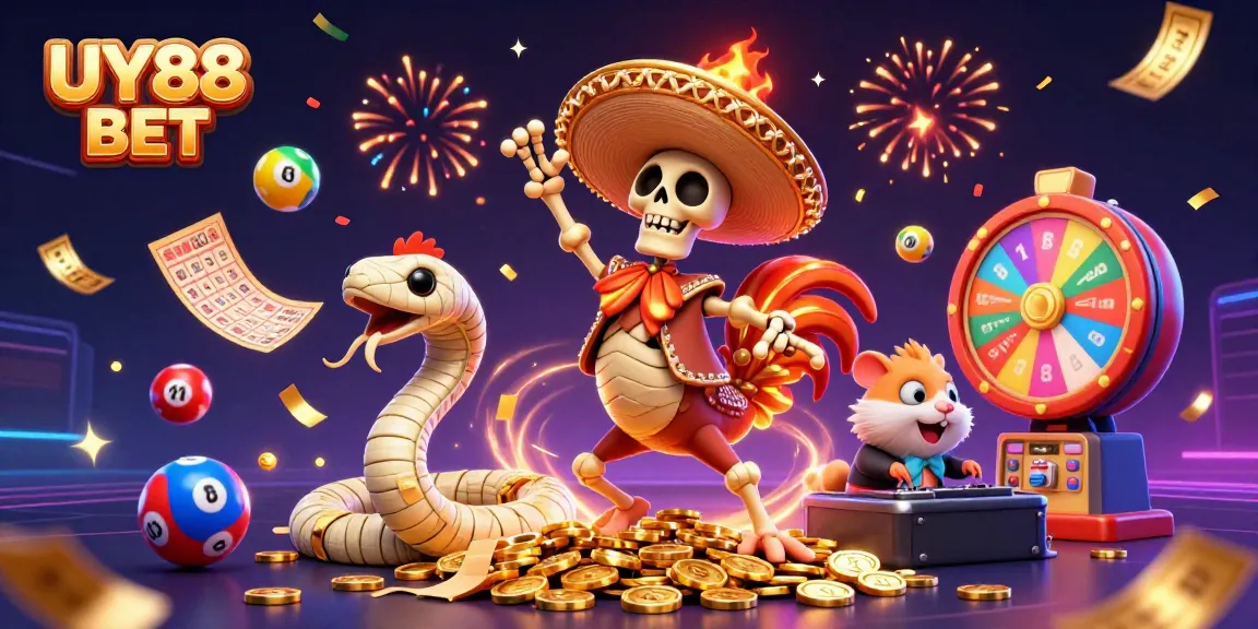 Win big with UY88 BET in this dynamic casino-themed illustration featuring celebratory elements.