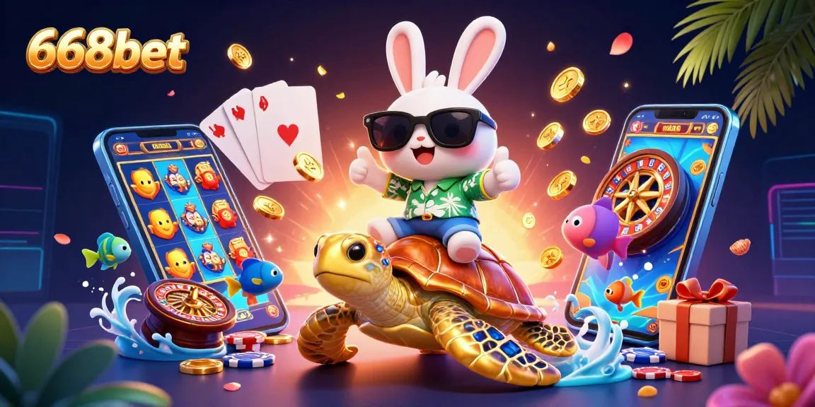 Engage with 668bet's thrilling gaming experience featuring a lucky rabbit and golden sea turtle.