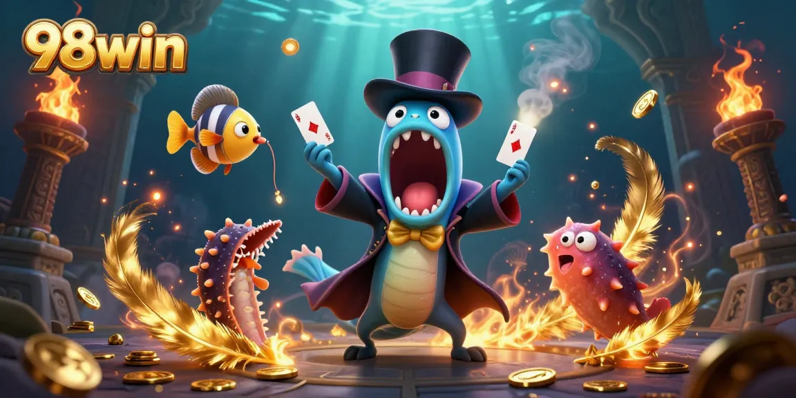 Experience thrilling magic at 98win with deep-sea creatures performing captivating card tricks.