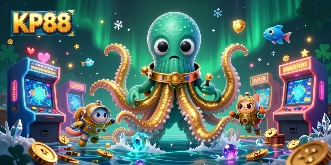 Experience thrilling gameplay at KP88 with a dynamic scene featuring a kraken, diving cat, and vibrant game elements.